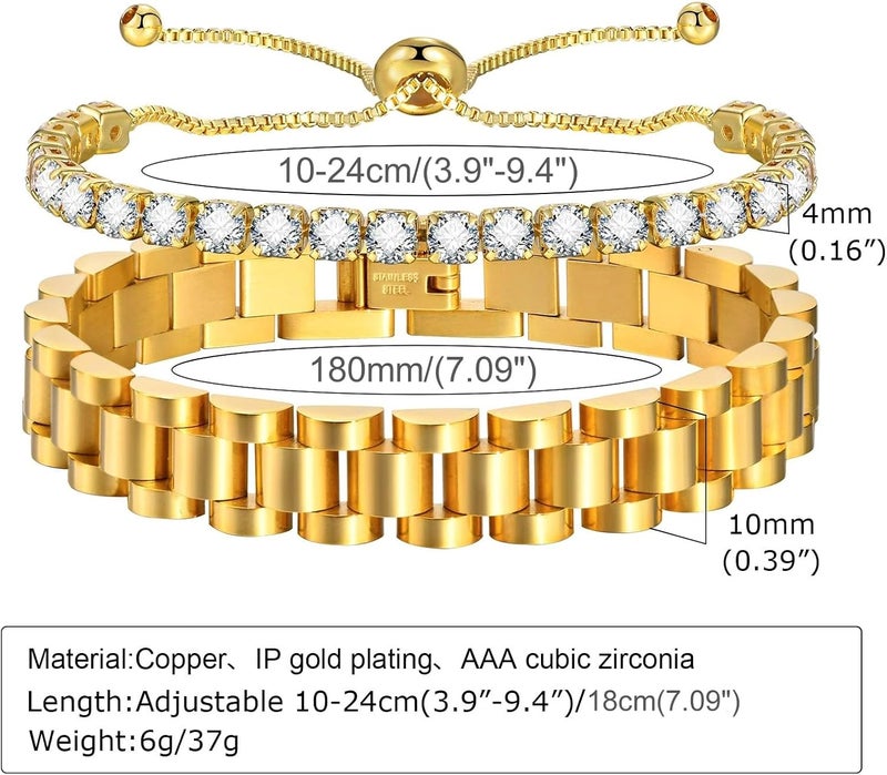 MPRAINBOW 2pcs 18K Gold Plated Chain Link Bracelet, Stainless Steel Crystal Friendship Bracelets Bangle,Watch Band Chains Wristband Jewelry with Adjust Tool - Image 3